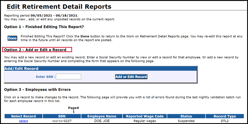 Edit Retirement Detail Reports