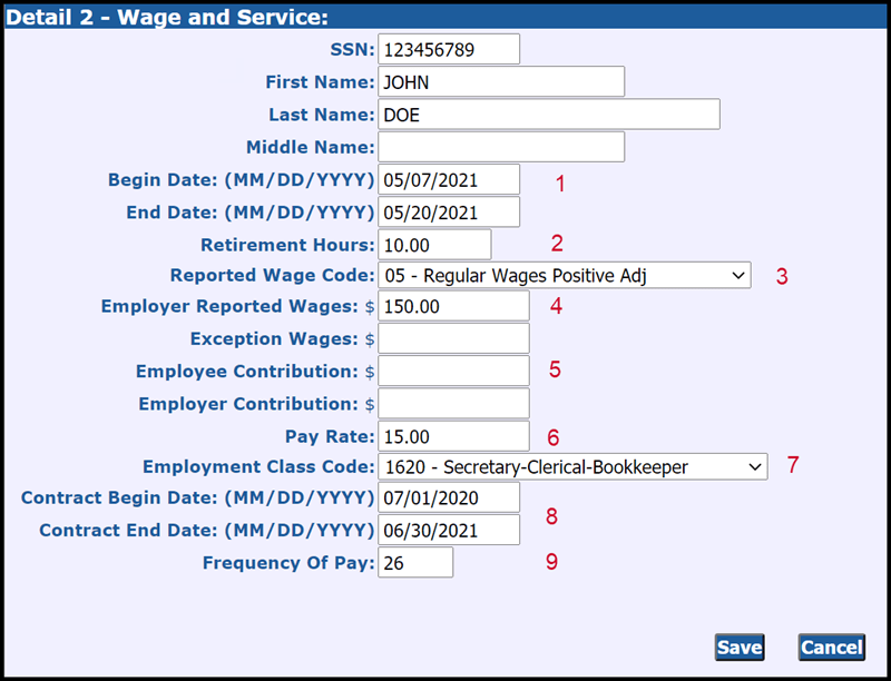 Detail 2- Wage and Service example screenshot