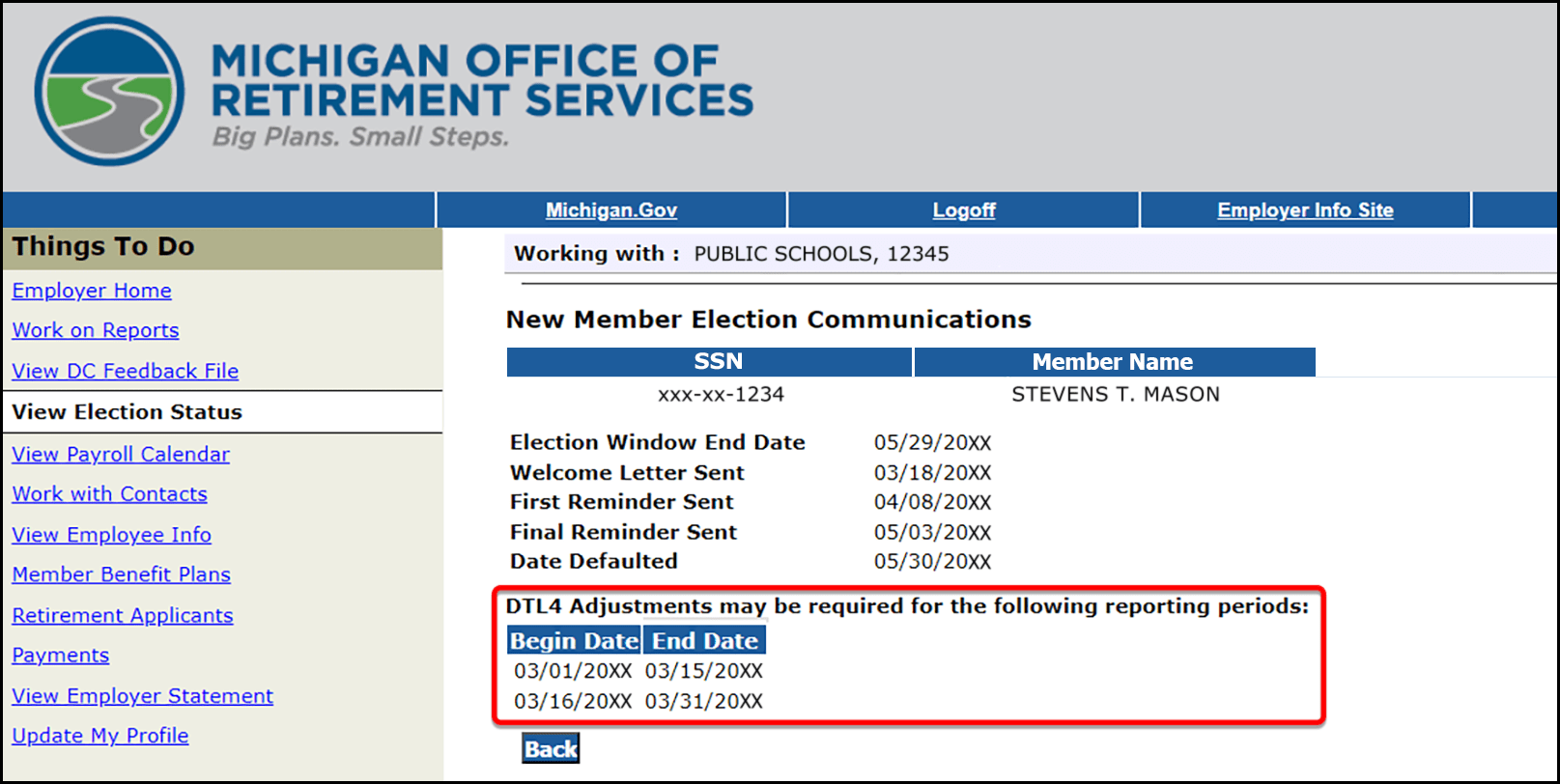 ESS View Election status screen with DTL4 adjustments required circled in red