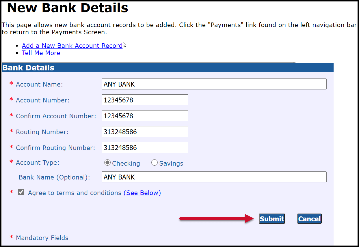 New Bank Details screenshot with example information filled in.
