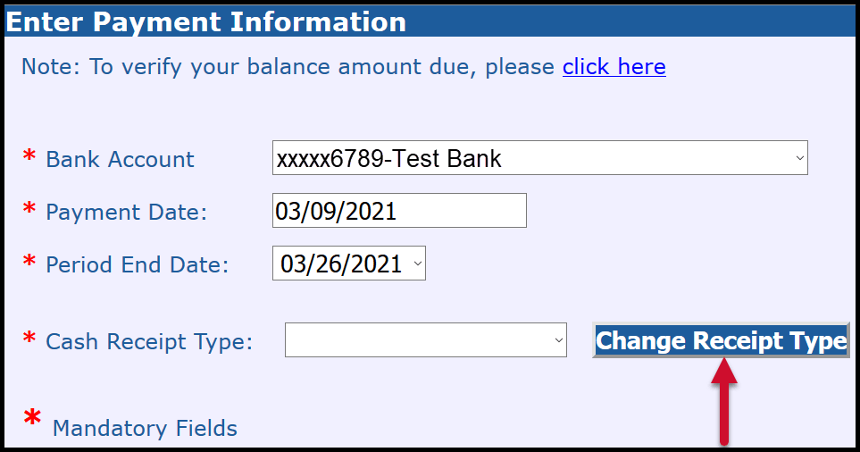 ESS Enter Payment Information with arrow pointing at the Change Receipt Type button