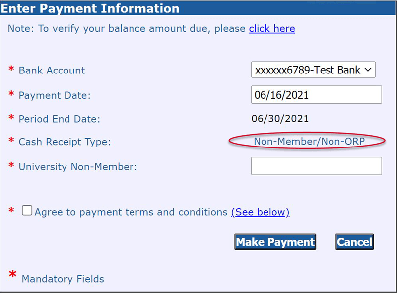 ESS Enter Payment Information with Non-Member/Non-ORP circled in red