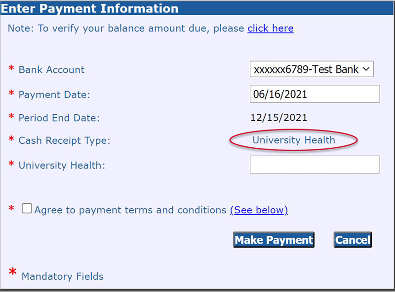 Screenshot of ESS Payment Information screen with University Health circled