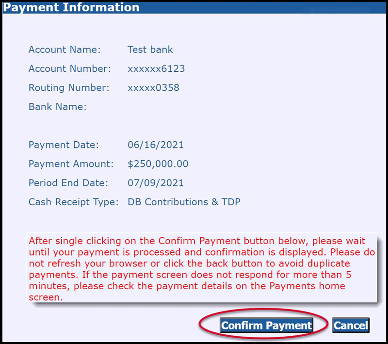 Screenshot of ESS Payment Information screen with Confirm Payment button circled