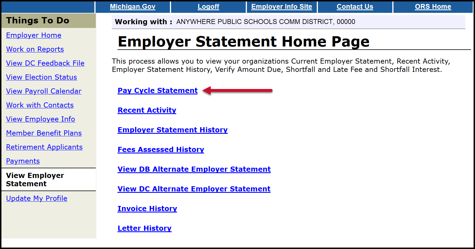 Employer Statement Home Page with arrow pointing to Pay Cycle Statement