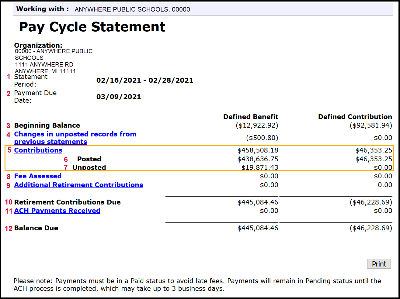 An example of a Pay Cycle Statement