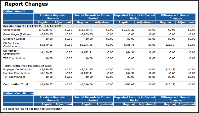 ESS Report Changes screen
