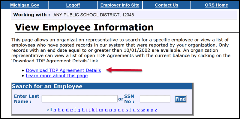 View Employee Information - Arrow pointing to Download TDP Agreement Details