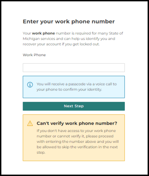 Enter your work phone number screen