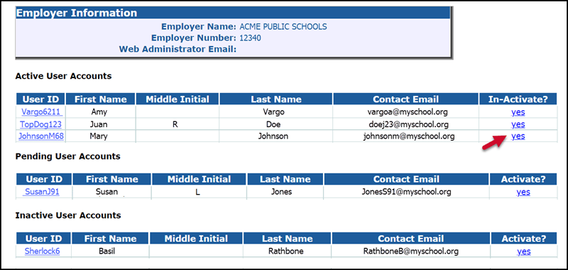 Maintain Employer Web Accounts Inactivate screenshot