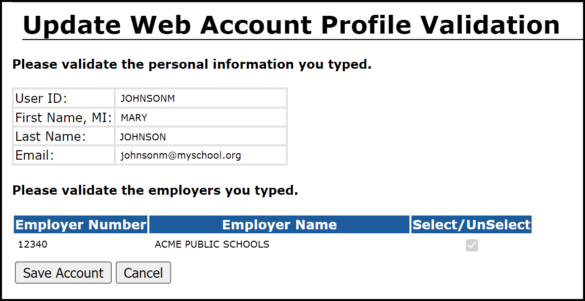 Update Web Account Profile Validation Updated screen