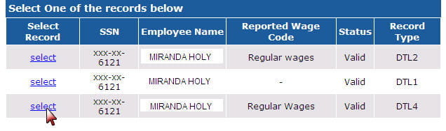 Screenshot: Add or edit Record screen with Select link highlighted