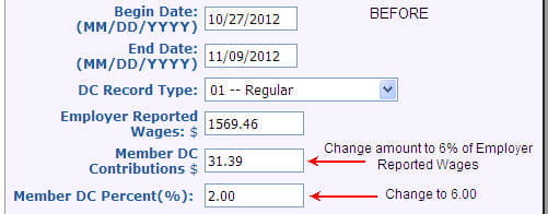 Screenshot: Detail 4 record for adjustment - member contributions before adjusting dollar amount