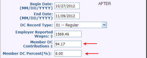 Screenshot: Detail 4 record for adjustment - member contributions after adjusting the dollar amount