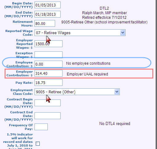 Screenshot: Detail 2 record for Basic/MIP retiree directly hired as School Improve