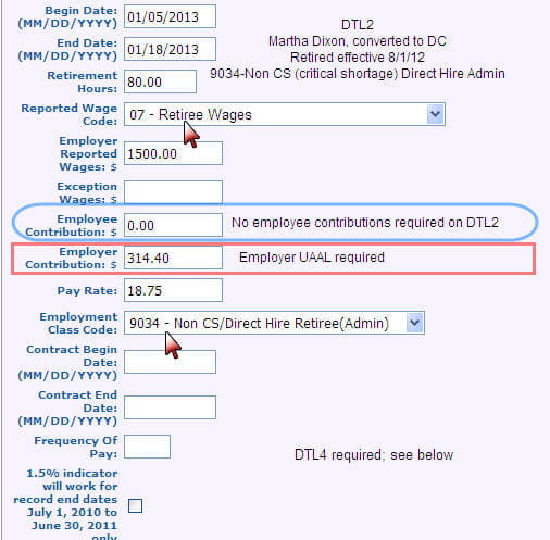 Screenshot: DTL2 record for qualified participant retiree directly hired as School