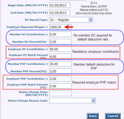 Screenshot: DTL4 record for qualified participant retiree directly hired as School