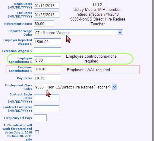Screenshot: Detail 2 record for Basic or MIP plan retiree directly hired as a subs