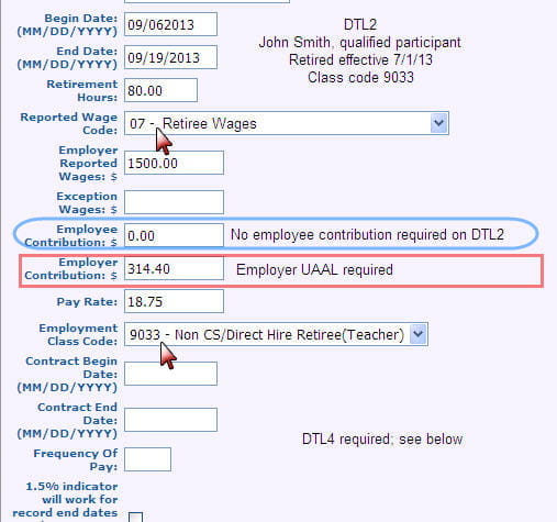 Screenshot: Detail 2 record for qualified participant retiree directly hired as a