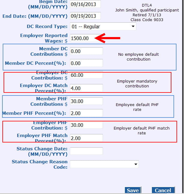 Screenshot: Detail 4 record for qualified participant retiree directly hired as a