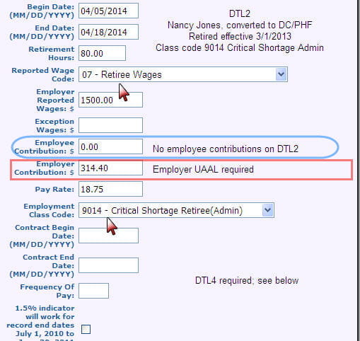 Screenshot: Detail 2 record for qualified participant retiree in critical shortage