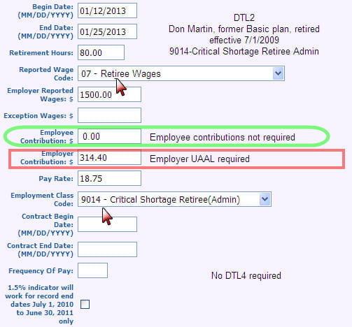 Screenshot: Detail 2 record with fields completed for Basic/MIP plan retiree in cr