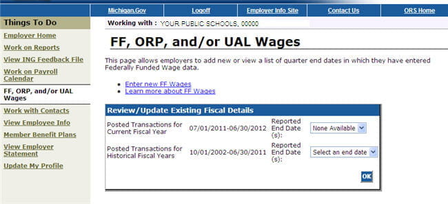 Screenshot of the FF, ORP and or UAL Wages screen