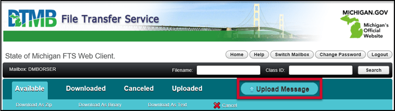 DTMB File Transfer Service with Upload Message circled in red