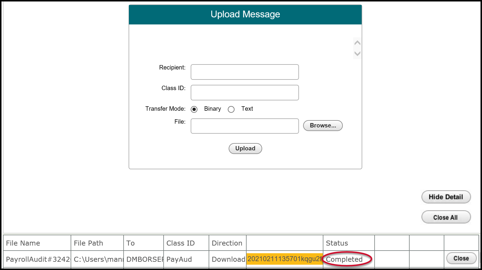 DTMB File Transfer Service Upload Message screen with Completed status circled in red.