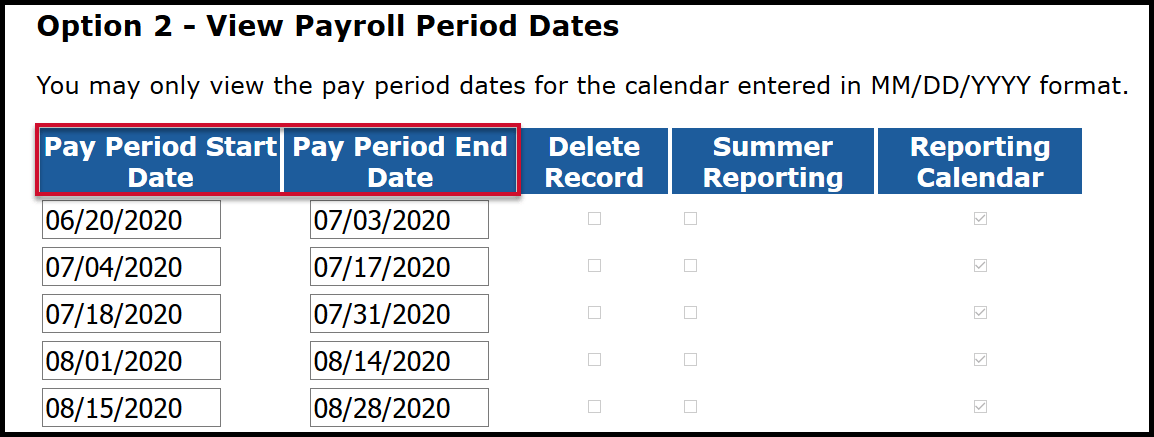 Option 2 - View Payroll Period Dates