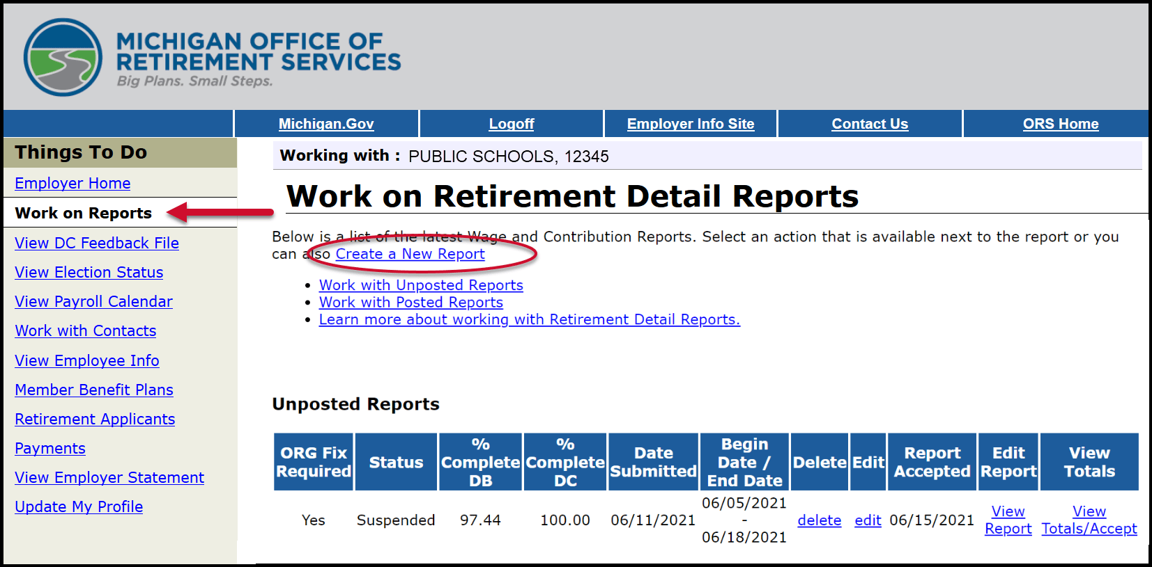 Work on Retirement Detail Reports - Create a New Report circled in red