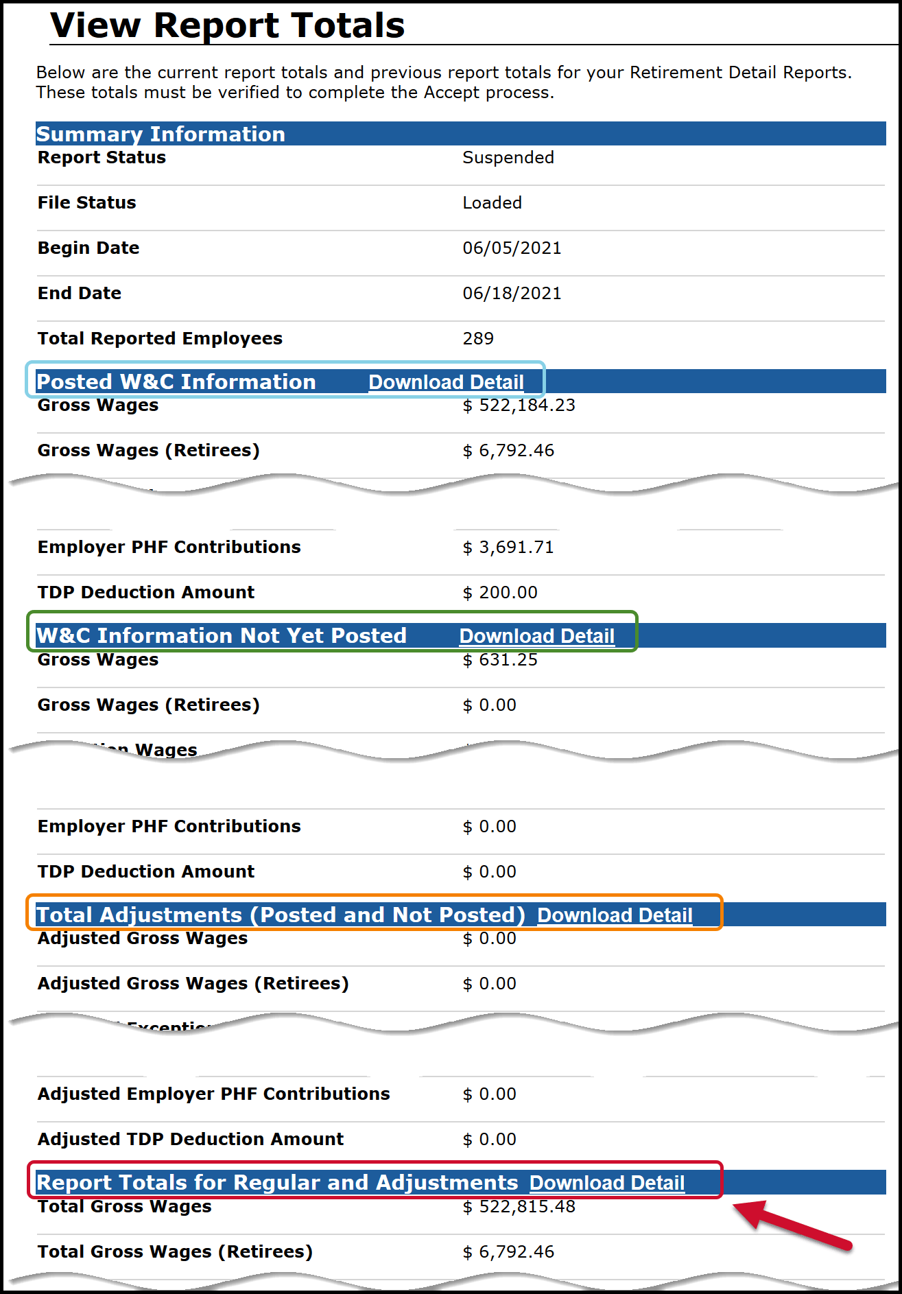Screenshot of View Report Totals screen