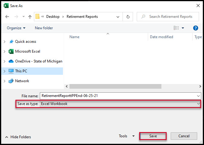 Save as type: Excel Workbook circled in red