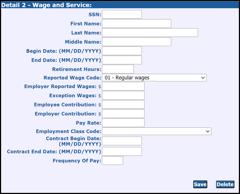 Detail 2 - Wage and Service sceen showing all the fields