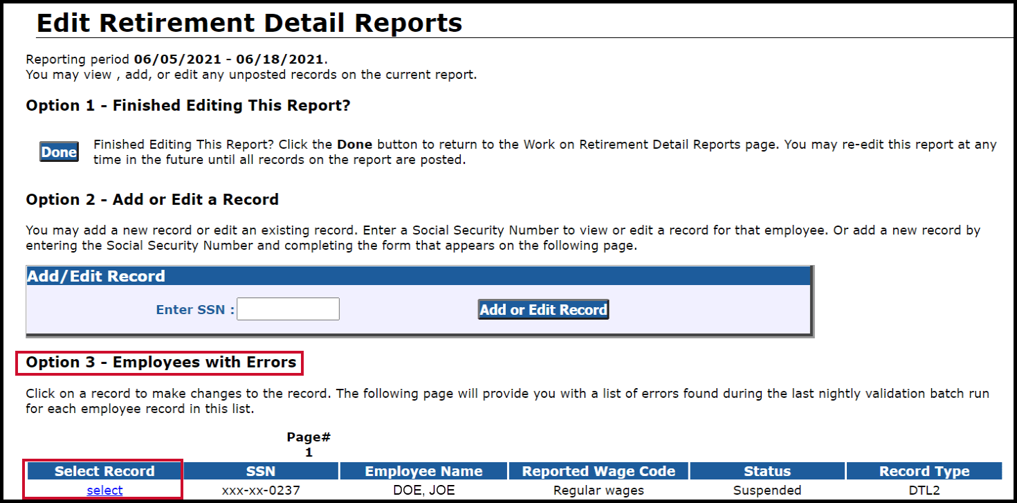 Edit Retirement Detail Reports