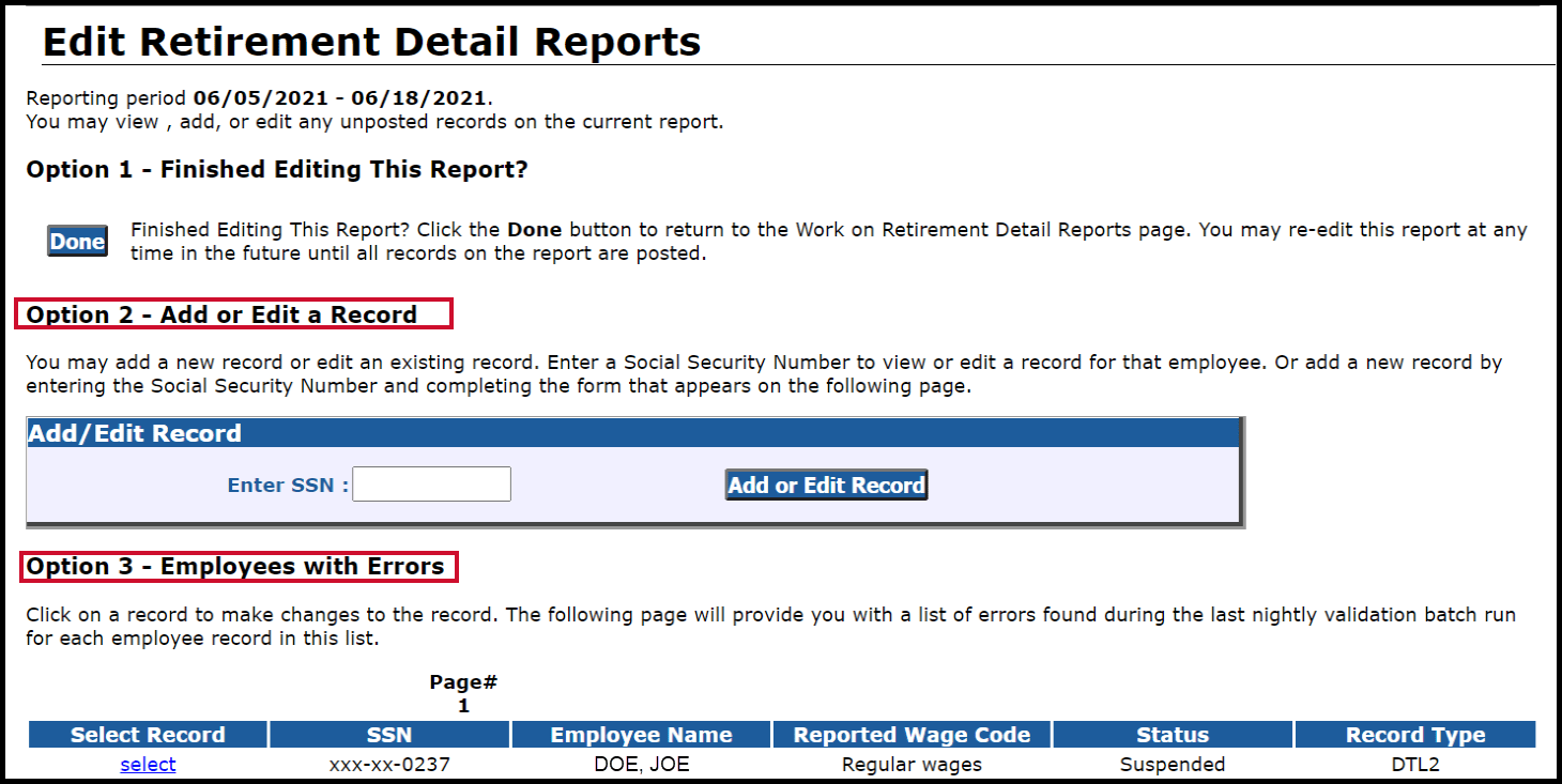 Edit Retirement Detail Reports