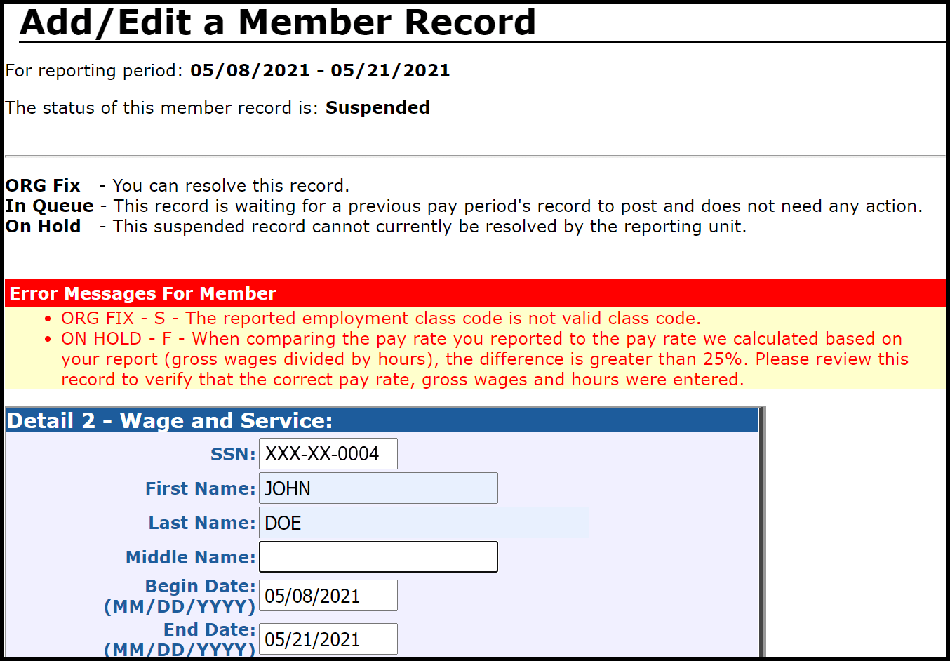 Add/Edit a Member Record – Error Messages for Member screenshot