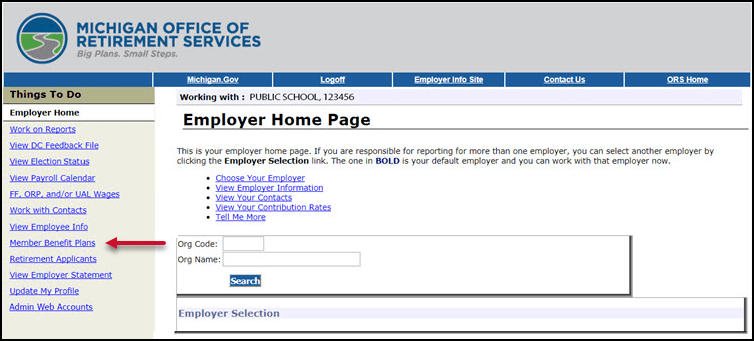 ORS Employer Home Page with red arrow pointing to Member Benefit Plans