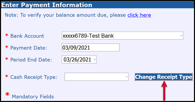 ESS Enter Payment Information with arrow pointing at the Change Receipt Type button