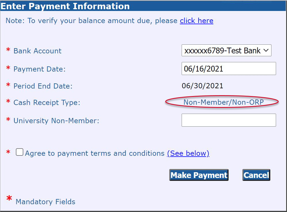 ESS Enter Payment Information with Non-Member/Non-ORP circled in red