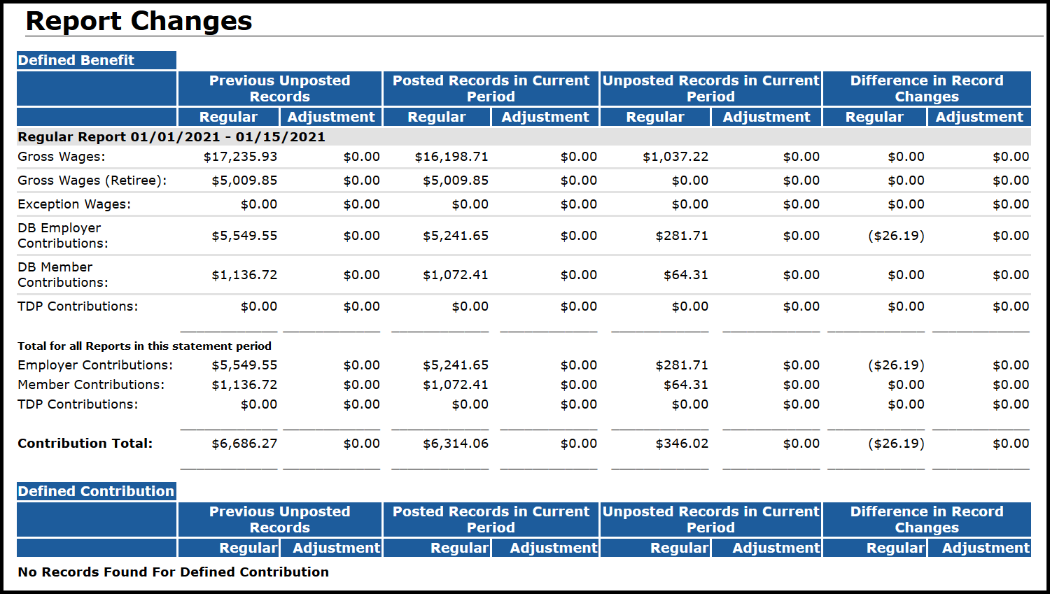 ESS Report Changes screen
