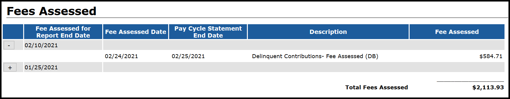 ESS Fees Assessed screen