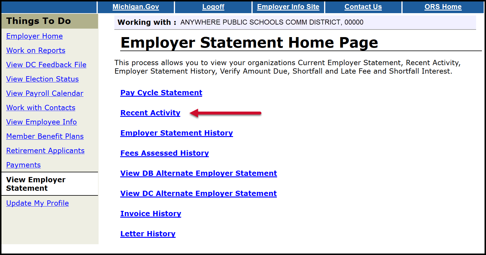 Employer Statement Home Page with arrow pointing at Recent Activity