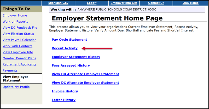 Employer Statement Home Page with arrow pointing at Recent Activity