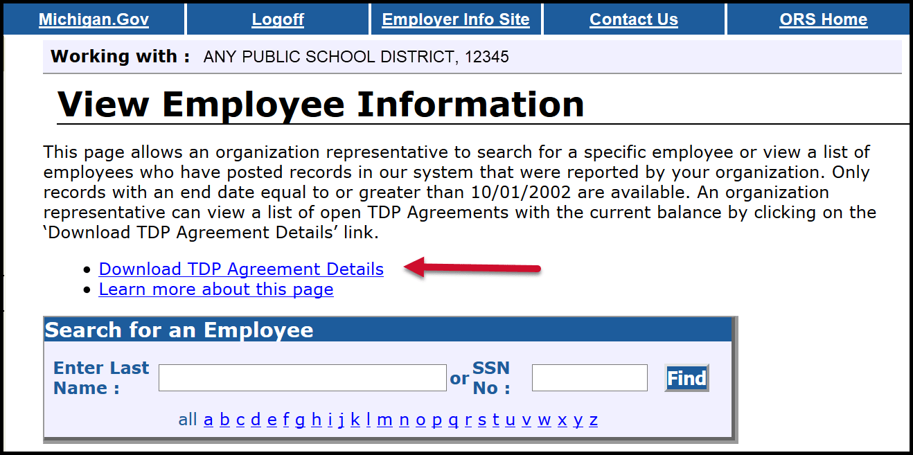 View Employee Information - Arrow pointing to Download TDP Agreement Details