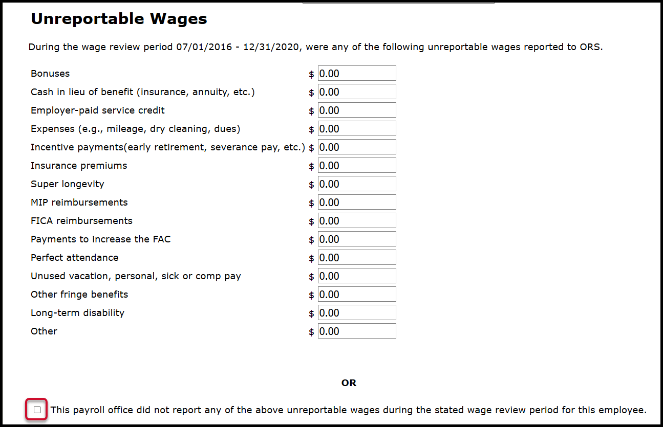 Unreportable Wages Screen