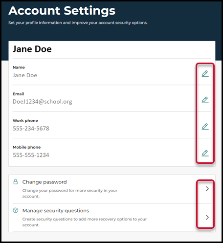 Screenshot for changing account profile information