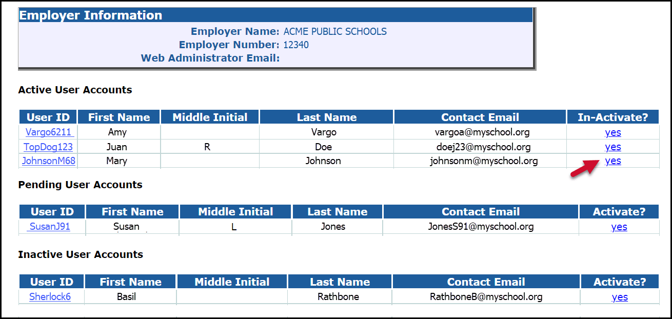 Maintain Employer Web Accounts - Inactivate screenshot