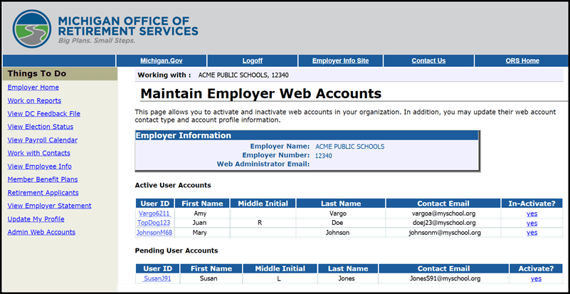 Maintain employer accounts screen