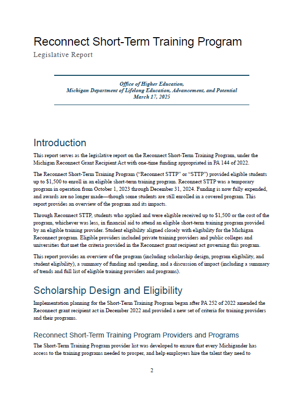 2024 Reconnect Short-Term Training Legislative Report